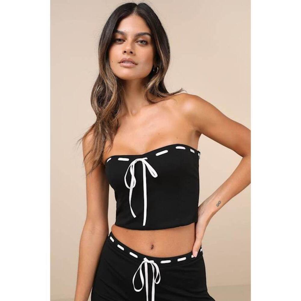 Lulus Jalie Black Ribbon Strapless Crop Top - Size S